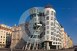 Dancing house landmark of Prague Czech republic. Blue sky background