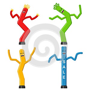 Dancing inflatable tube man set in flat style isolated on white background. Wacky waving air hand for sales and