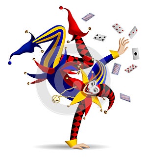 Dancing Joker with playing cards on white