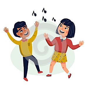 Dancing Kids, Cartoon vector illustration of happy Multicultural children. Flat style vector illustration.