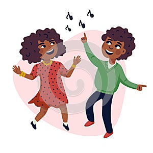 Dancing Kids, Cartoon vector illustration of happy Multicultural children. Flat style vector illustration.