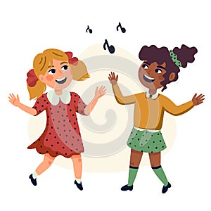 Dancing Kids, Cartoon vector illustration of happy Multicultural children. Flat style vector illustration.