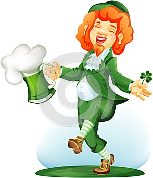 Dancing leprechaun with goblet of green beer