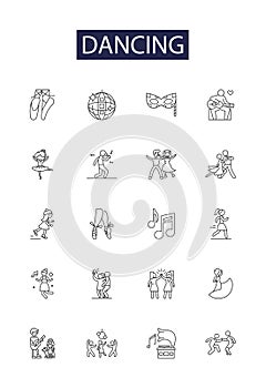 Dancing line vector icons and signs. Waltzing, Twirling, Boogying, Grooving, Jiving, Hip-Hop, Tangoing, Hopping outline