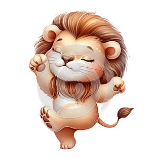 Dancing lion cub on transparent background. Children\'s watercolor photo