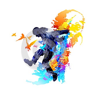 Dancing man boy jumping with color splashes on white background. Vector illustration