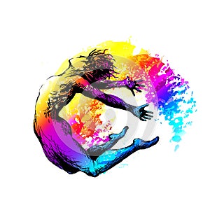 Dancing man boy jumping with color splashes on white background. Vector illustration