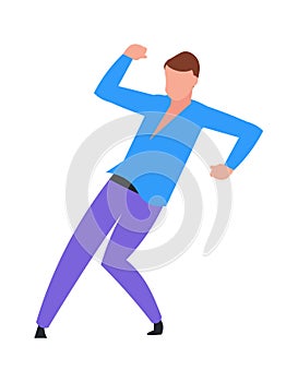 Dancing man. Cartoon young dancer in night disco club or musical festival event. Active moving to music. Isolated