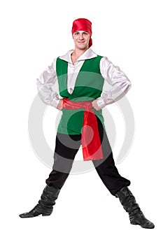 Dancing man wearing a pirate costume. Isolated on