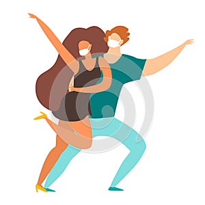 Dancing masked people vector illustration. Self- isolation at home concept.