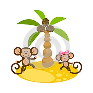Dancing monkey couple near coconut palm tree clip art.