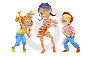 Dancing multicultural kids.  watercolor illustration for children party design