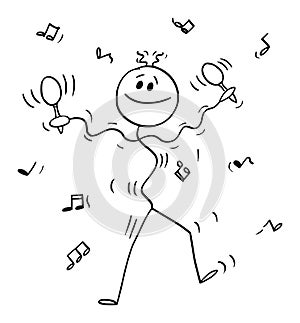 Dancing Musician Performing Music with Maraca or Rumba Shaker, Vector Cartoon Stick Figure Illustration