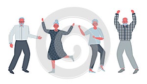 Dancing older people. Cheerful retirees. Old men and old women rejoice and dance