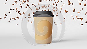 Dancing paper cup black lid flying coffee beans 3D animation. Jumping hot beverage Coffee shop delivery drink discount