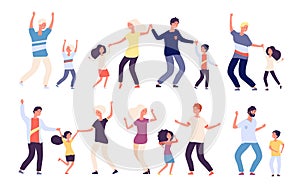 Dancing parents with kids. Happy children dad and mom dance family woman man child dancers. Isolated vector cartoon