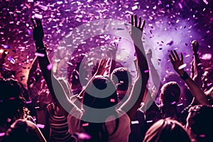 Dancing Party with Purple Lights and Confetti. Generative AI