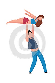 Dancing people. Cartoon couple performing choreographic element. Isolated pair of professional dancers showing trick