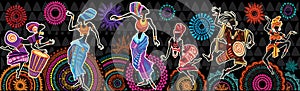 Dancing people on Ethnic background with African motifs