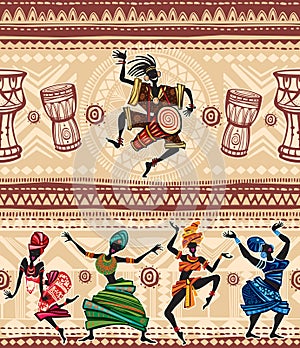 Dancing people on Ethnic background with African motifs