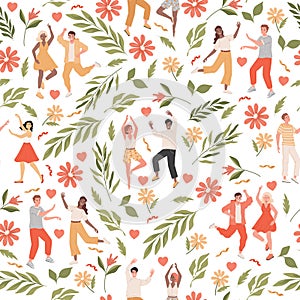 Dancing people and green nature vector flat seamless pattern. Men and women dancing, celebrating holiday.