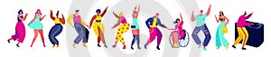 Dancing people hand draw isolated cartoon characters, vector illustration. Men and women dance at party, fun club music