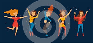 Dancing people. Happy women move to the music. Nightclub disco party modern dance. Vector illustration, flat