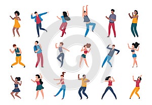 Dancing people. Trendy party cartoon crowd, modern young dancing characters, friends couples and happy persons. Vector
