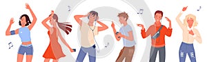 Dancing people vector illustration set. Cartoon young happy man and woman group of dancer characters listen to music