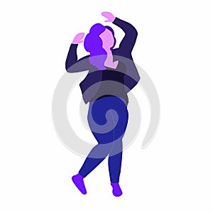 Dancing plump girl with colored hair and in modern clothes. Vector illustration in a flat style. Isolated on white background