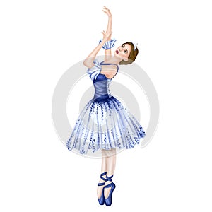 Dancing prima ballerina in elegant blue tutu and pointe shoes. A girl in a flexible pose on her toes. A performance in the theater