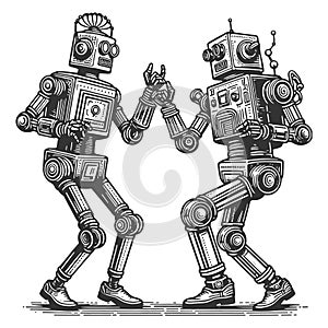 Dancing Robots engraving vector illustration