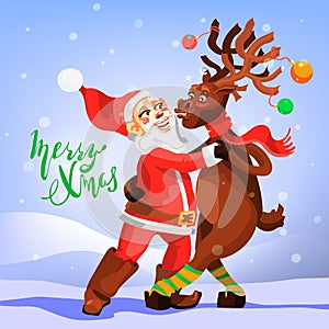 Dancing Santa Claus with Christmas Reindeer. Funny and cute Merry Christmas greeting card
