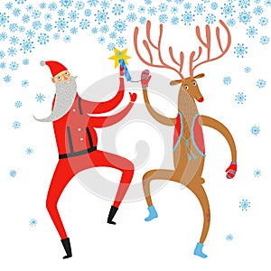 Dancing Santa Claus and deer illustration