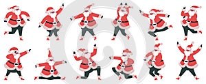 Dancing Santa Claus. Funny cartoon Santa Claus dancing and jumping characters vector illustration set. Cute dancing