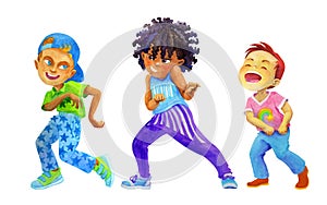 Dancing school age boys. Watercolor illustration on white background for kids dancing party design, invitations, posters