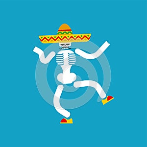 Dancing skeleton. Day of dead in mexico. Skull in sombrero isolated. Dia de los Muertos Mexican holiday sign