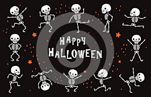 Dancing skeletons. Funny white human bones in dance. Halloween vector black poster in horror style