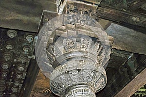 Dancing sundaris at the top of the Narsimha Pillar. Chennakeshava temple. Belur, Karnataka.