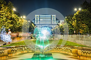 Dancing water fountains at Union Square (Piata Unirii)park in the center of Bucharest