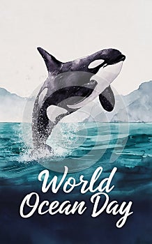 Dancing Waves: Orca Celebrating World Ocean Day in Watercolor