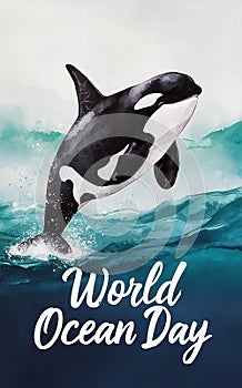 Dancing Waves: Orca Celebrating World Ocean Day in Watercolor