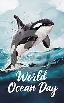 Dancing Waves: Orca Celebrating World Ocean Day in Watercolor