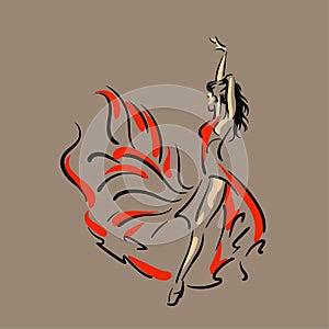 Dancing woman in red dress. Flamenco. Vector. photo