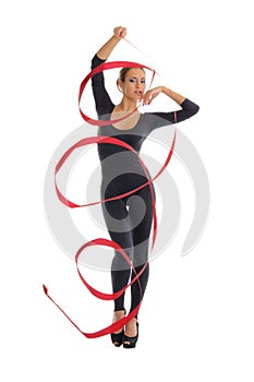 Dancing woman with red ribbon