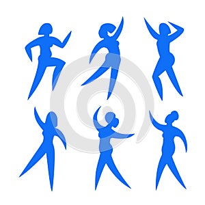 Dancing women.Contemporary silhouette organic shapes,hand drawn blue female roundelay.Flat human figures,bodies moving.Fashion