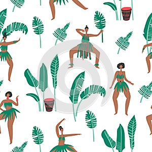 Dancing women , drums and palm leaves patterne. Print element