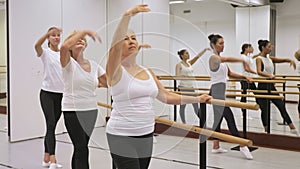 Dancing women engaged in a group class perform the battement tendu movement near a barre, standing in a ballet stance