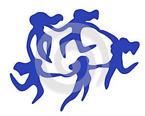 Dancing women Matisse art inspired.Contemporary silhouette organic shapes,hand drawn blue female roundelay.Flat human figures,