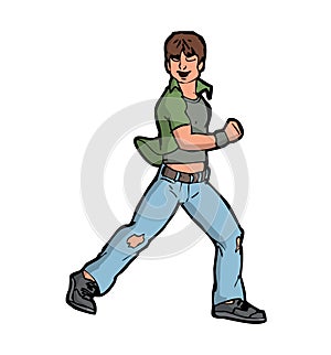 dancing young guy illustration  in ripped jeans  on the floor and having fun green
